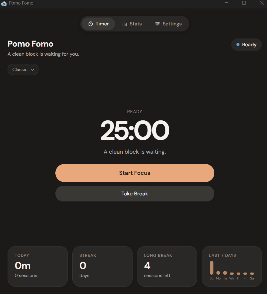 Pomo Fomo timer in dark mode